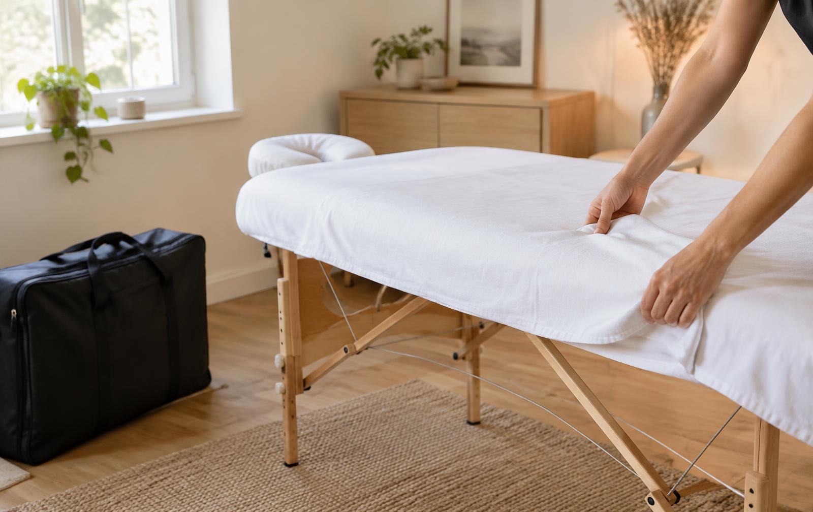 Illustration de préparation d’une table de massage pour un rendez-vous à domicile